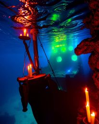 Experience the mesmerizing beauty of a vibrant underwater shipwreck scene.  Illuminated by flickering candlelight, this artwo