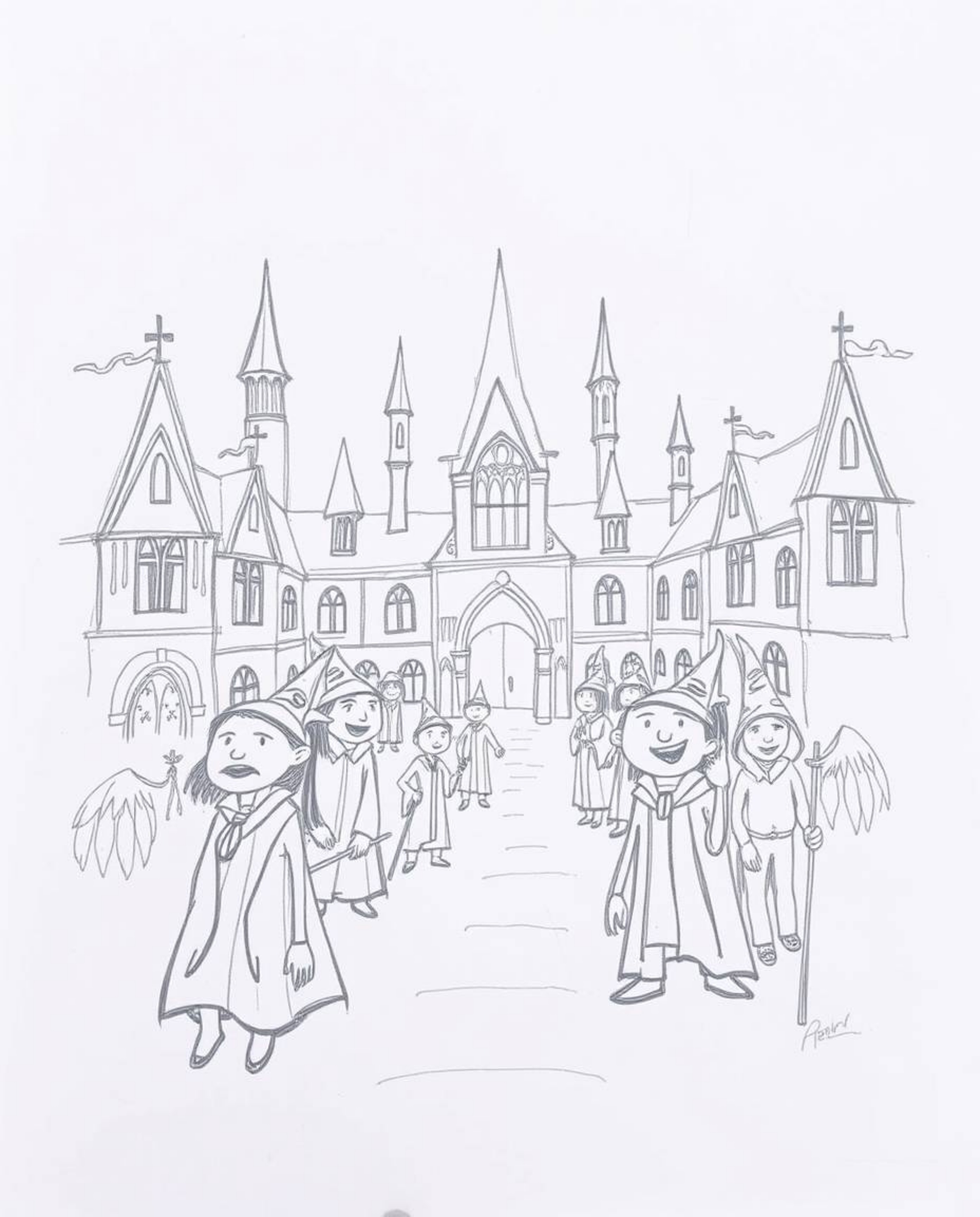 Explore a whimsical, hand-drawn sketch of a magical school teeming with young wizards. This artwork features rough lines and 