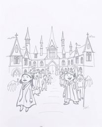 Explore a whimsical, hand-drawn sketch of a magical school teeming with young wizards. This artwork features rough lines and 