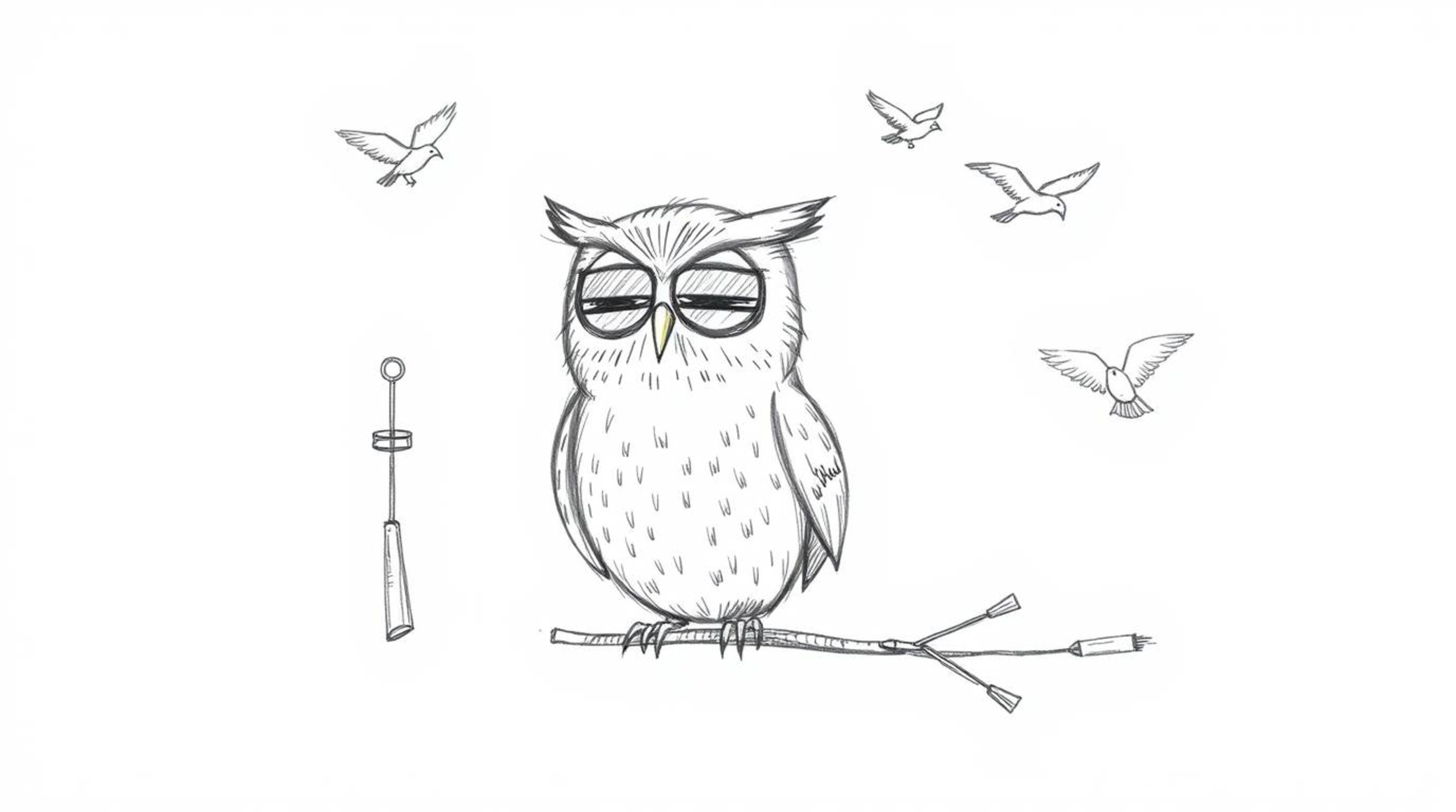 A charming, hand-drawn sketch reminiscent of Pixar's style portrays a blind owl with lovingly textured pencil strokes against