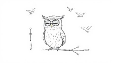 A charming, hand-drawn sketch reminiscent of Pixar's style portrays a blind owl with lovingly textured pencil strokes against