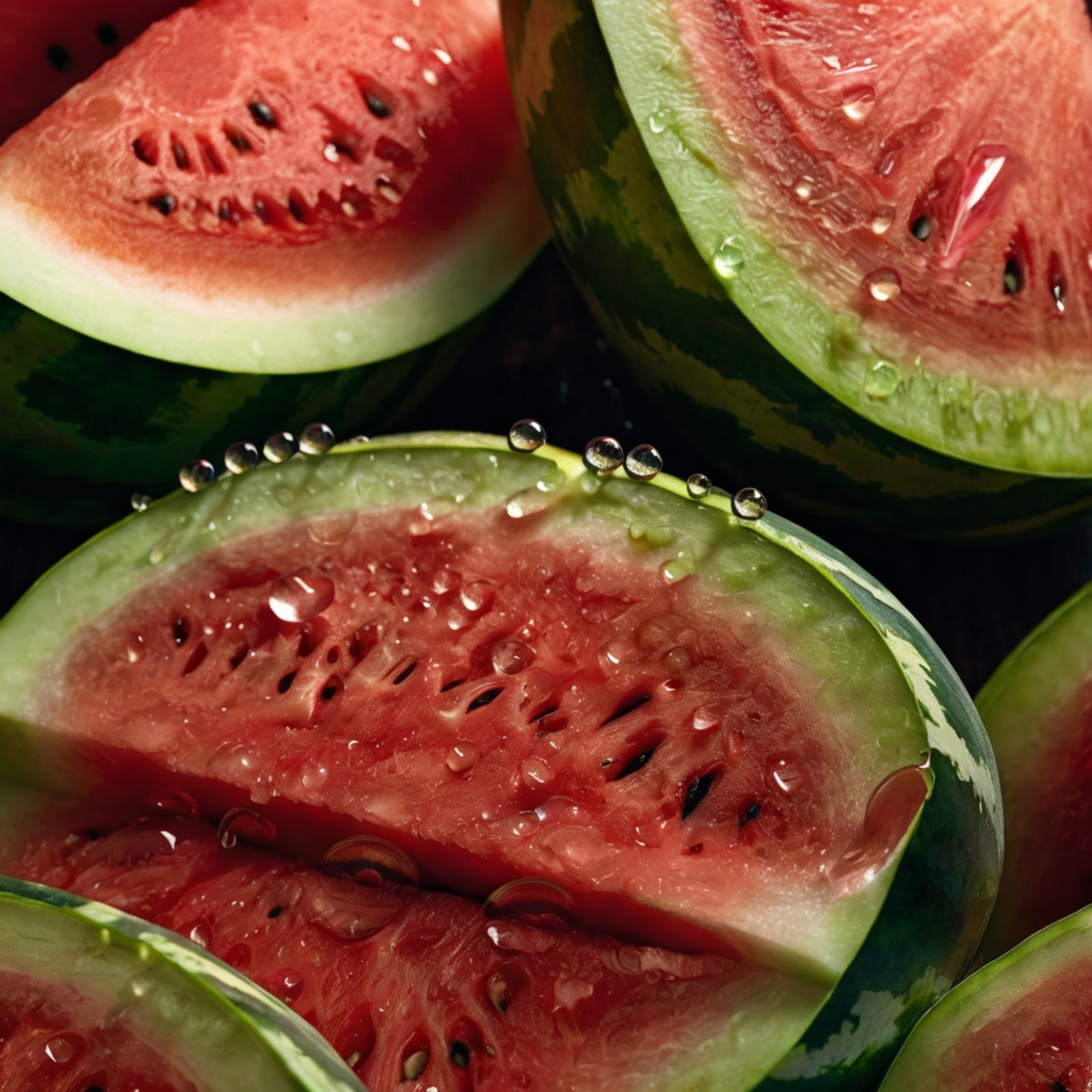 Indulge in the refreshing taste of freshly sliced watermelon.  Each slice bursts with juicy flavor and features glistening dr