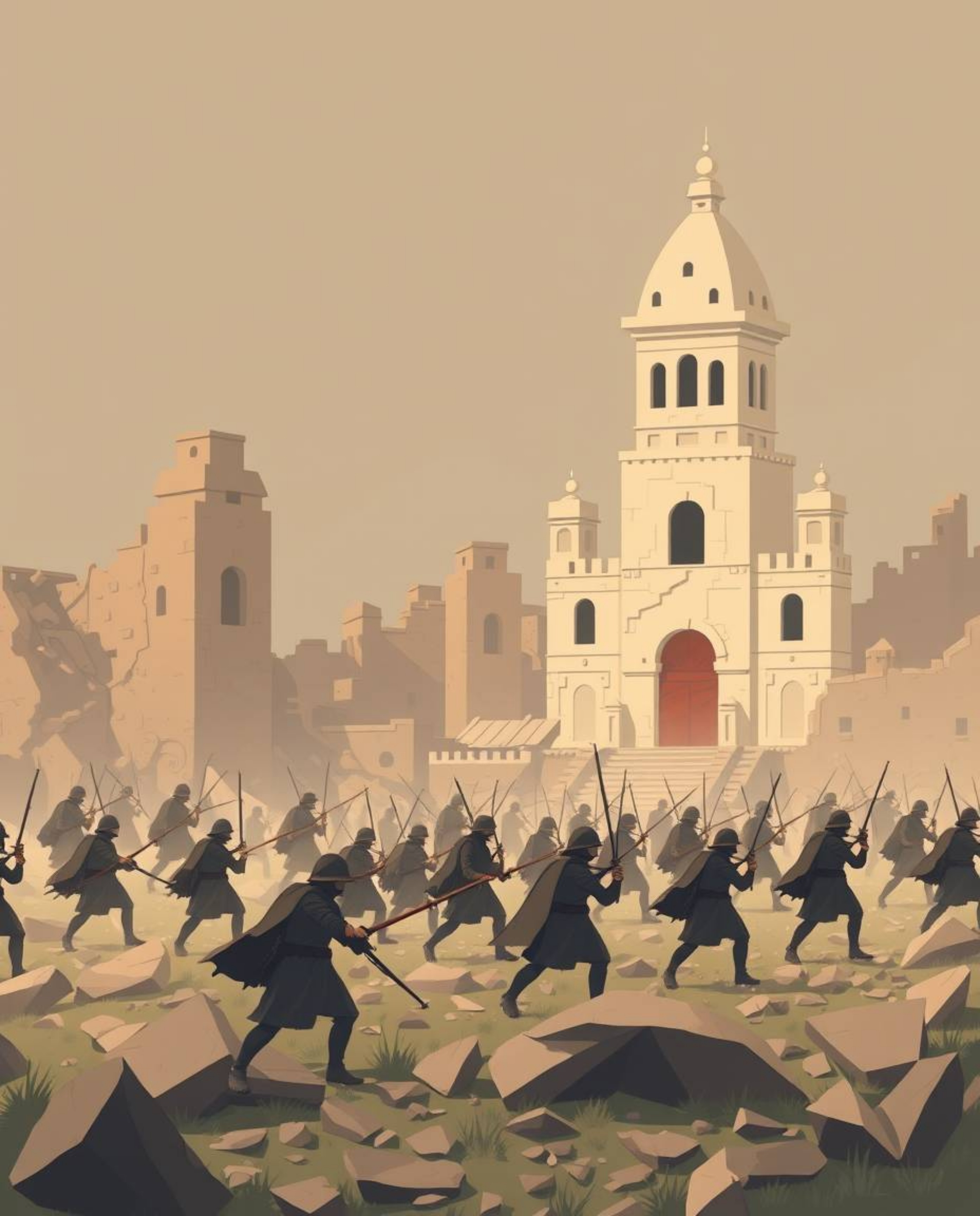 Explore a modern flat design illustration depicting a chaotic battlefield where time-warped soldiers clash amidst crumbling, 