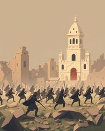 Explore a modern flat design illustration depicting a chaotic battlefield where time-warped soldiers clash amidst crumbling, 