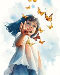 This artwork captures a serene moment with a low angle perspective, depicting a girl releasing butterflies into the air throu