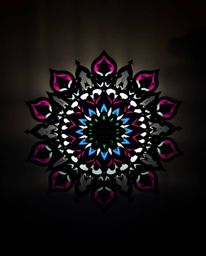 This stunning silhouetted photograph captures a geometric floral mandala bursting with vibrant colors and a perfectly symmetr