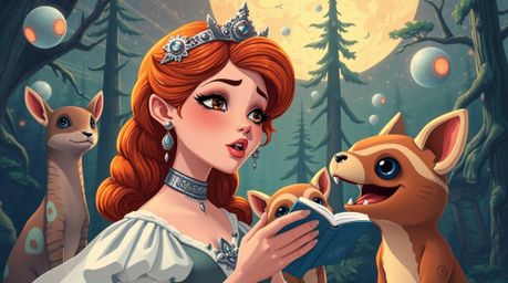 A princess with striking features and pale skin sings to futuristic forest animals in a vintage 2D animation style, set again