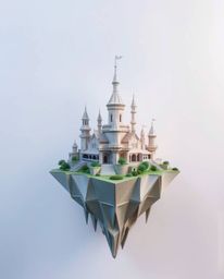 Experience the captivating beauty of an intricate origami-style floating island, showcasing surreal architecture crafted with