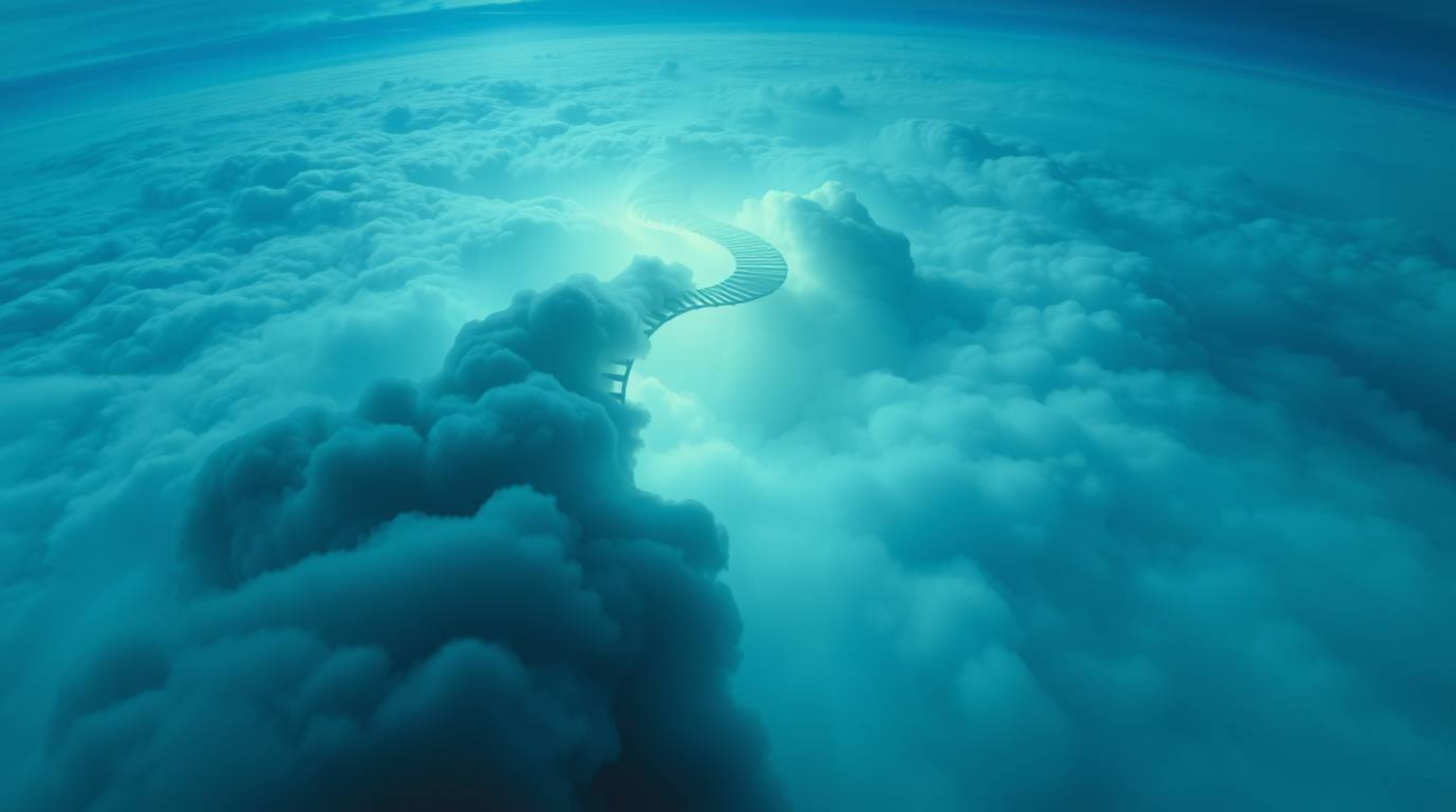 An abstract representation of a journey through life, depicted as a winding stairway of smoke and light ascending into a vast