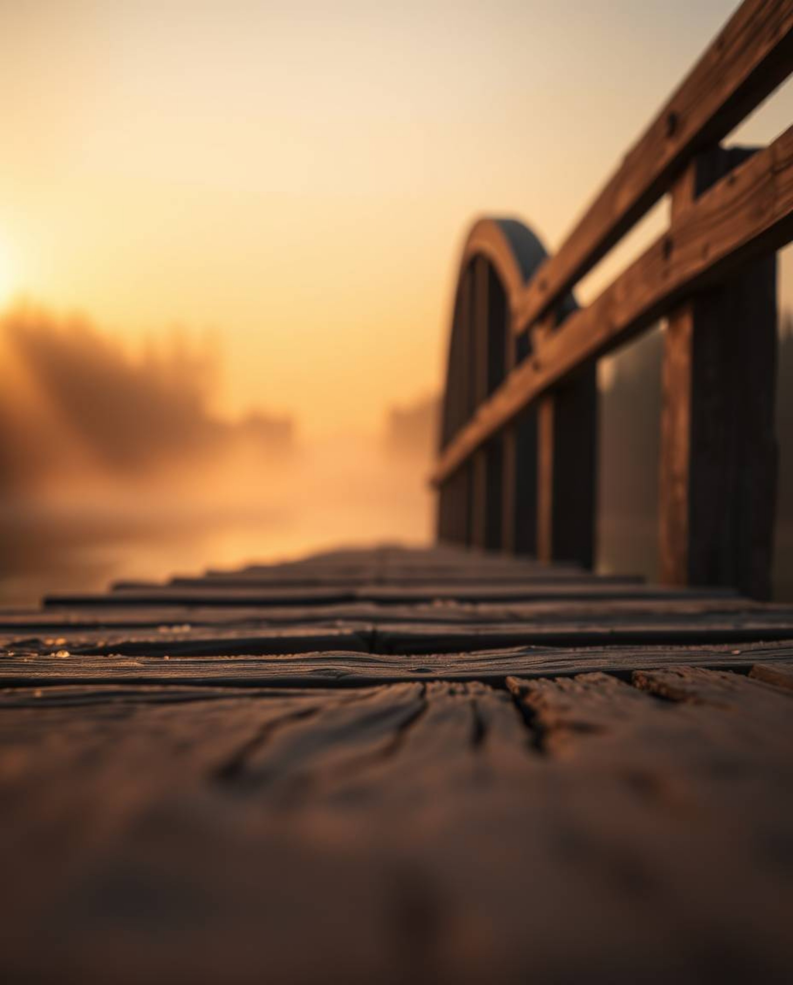 An extreme macro close-up of an old wooden bridge over a river at sunset, showcasing intricate small subject details. The ima