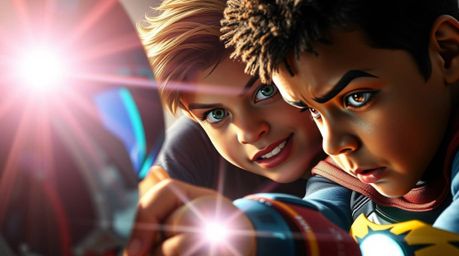 Witness an epic showdown! A trio of diverse superpowered kids with incredible detail engage in a dynamic battle against a pow