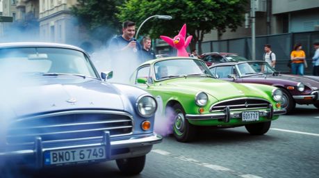 Capture the energy of spontaneous urban moments with this candid street photography style image. This photo features a wacky 