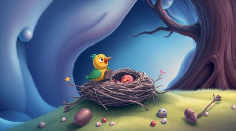 Explore a dreamlike and surreal animation featuring two cartoon birds diligently building a nest. This artwork showcases a cl