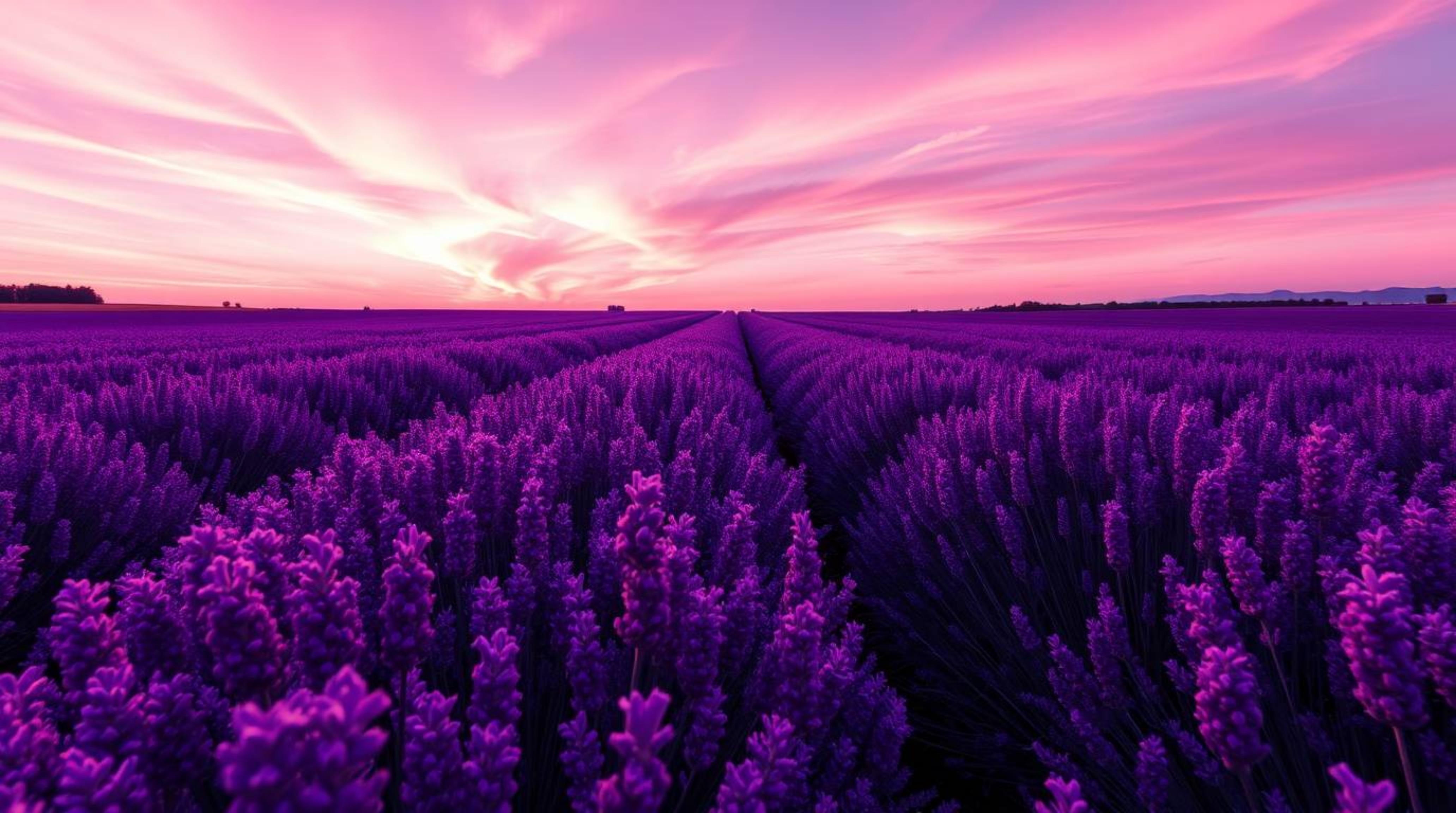 Capture the breathtaking beauty of lavender fields bathed in the soft glow of a dreamy pink sky. This high-resolution stock p