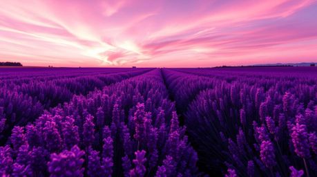 Capture the breathtaking beauty of lavender fields bathed in the soft glow of a dreamy pink sky. This high-resolution stock p