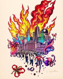 This image showcases a city engulfed in vibrant flames, depicted in a traditional tattoo-style print with iridescent colors. 