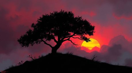 A captivating digital sketch depicts a lone tree silhouetted against a fiery sunset, set against a misty atmospheric backgrou