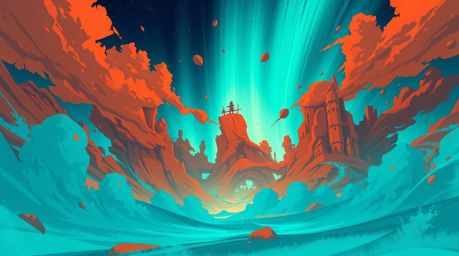 Immerse yourself in a captivating isekai anime style artwork featuring a warm terracotta and cool teal color palette. This ex