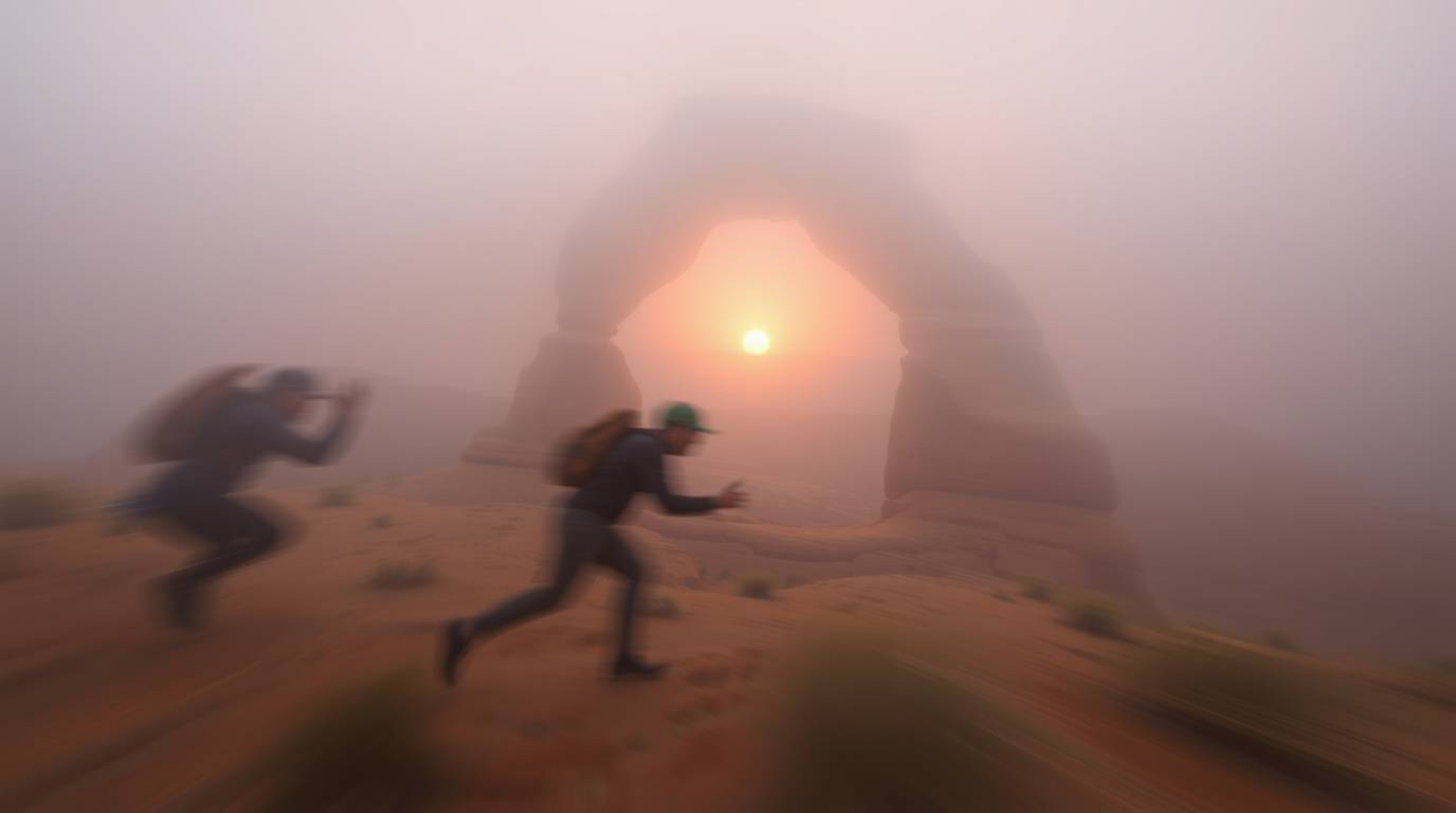 Experience the captivating beauty of dynamic motion obscured by thick fog, featuring blurred lines and action poses that dram