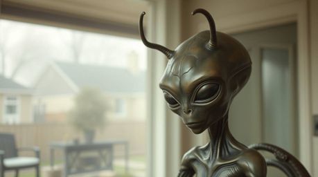 A soft, dreamlike depiction of an alien with smooth skin and antennae residing in a typical suburban house. The image evokes 
