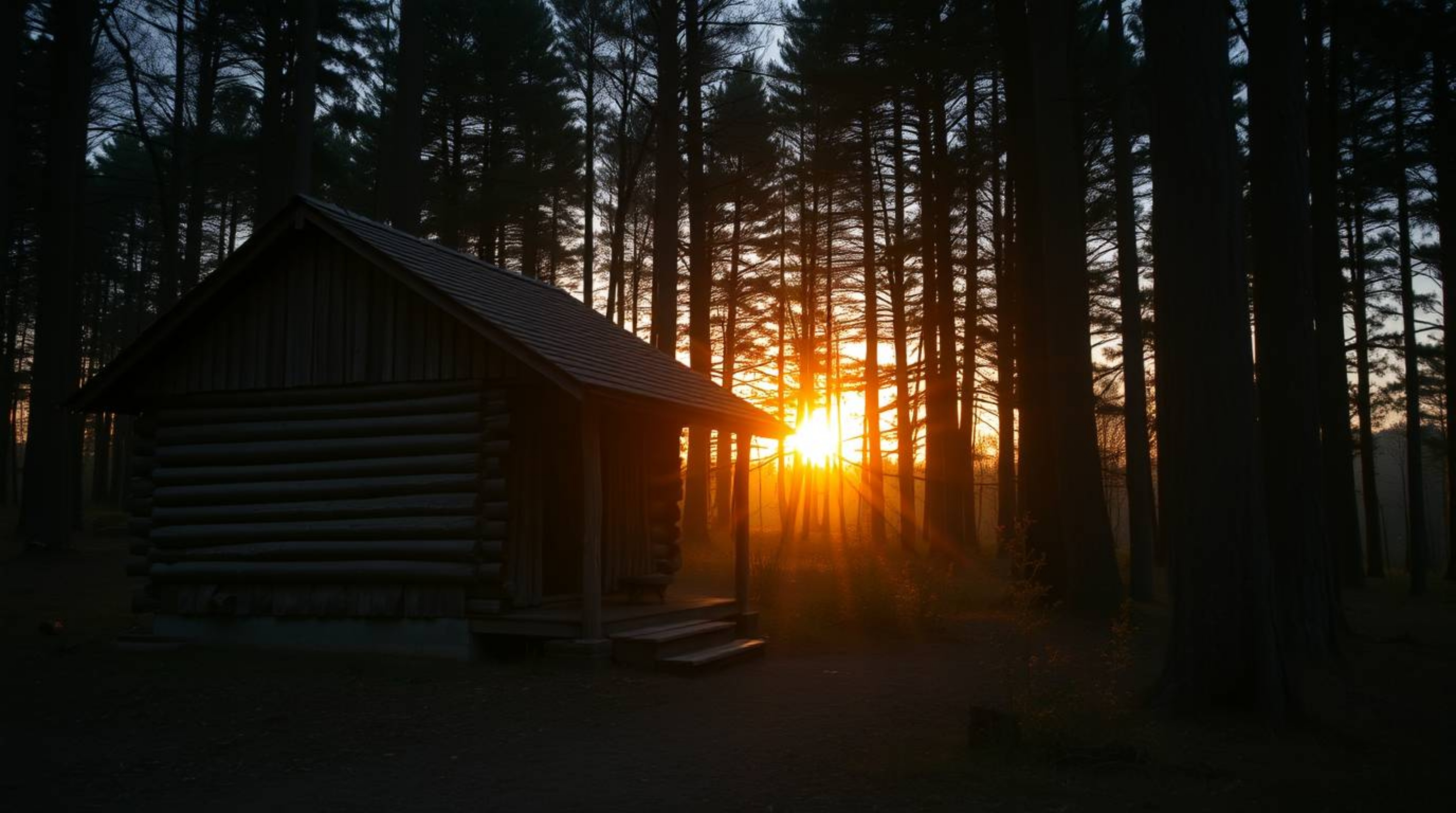 A stunning image of an old wooden cabin nestled in the woods at sunset. The scene is bathed in strong, hard light, casting di