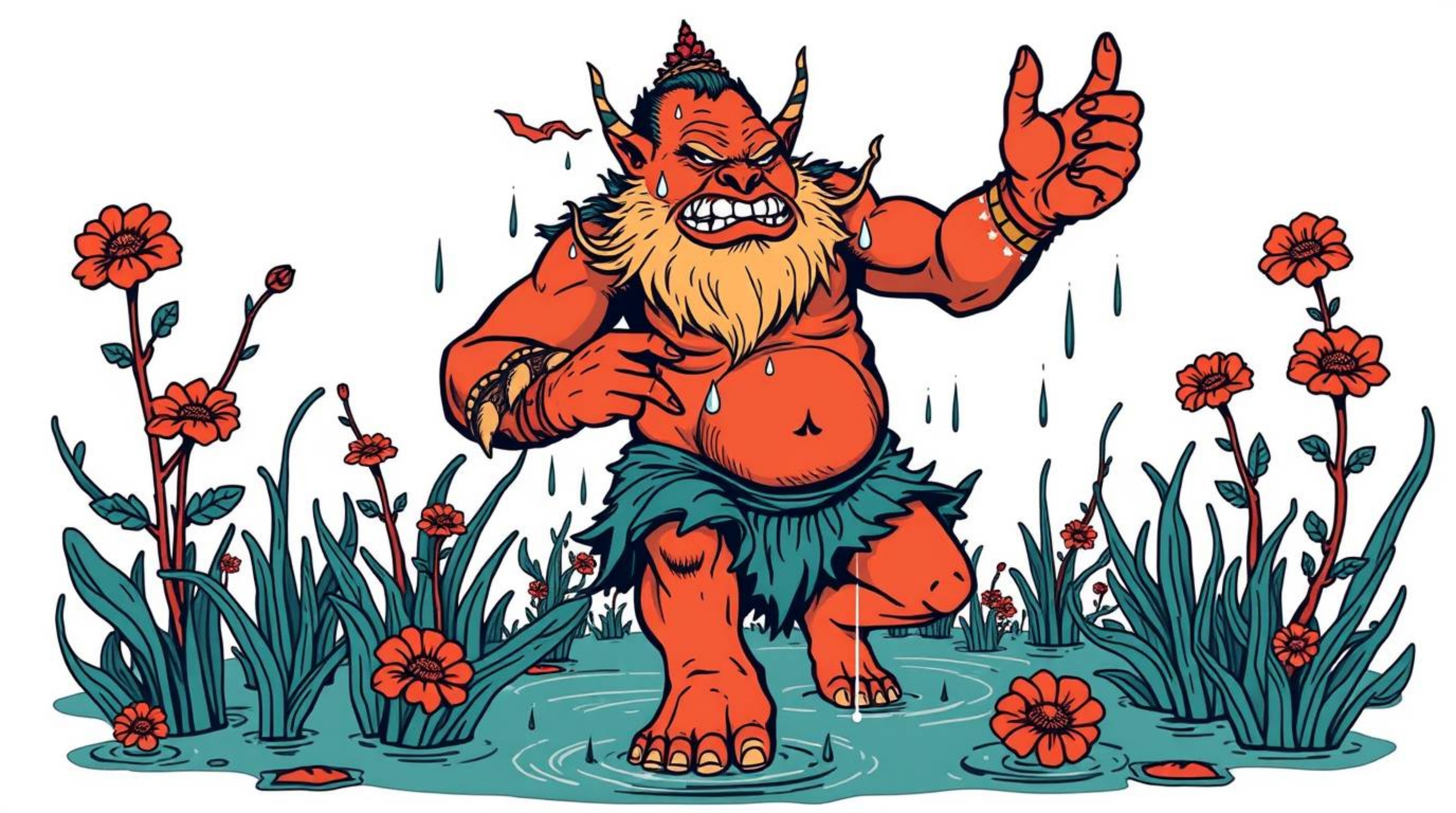 A captivating traditional tattoo-style print depicts an ogre joyfully dancing in a swamp.  The artwork features a striking co