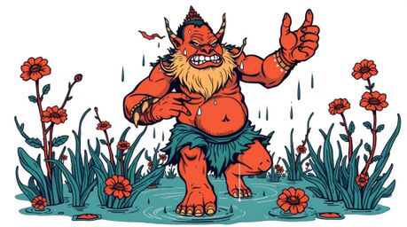 A captivating traditional tattoo-style print depicts an ogre joyfully dancing in a swamp.  The artwork features a striking co