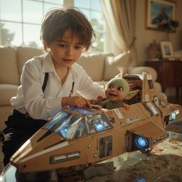 A captivating image showcasing a young boy, dressed in elegant attire, meticulously constructing a detailed cardboard spacesh