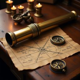 An exquisite still life featuring a beautifully polished brass telescope, embellished with intricate engravings, resting on a
