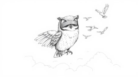 A heartwarming scene of a blind owl, rendered in a delightful Pixar-esque style with detailed feathers and expressive eyes, t