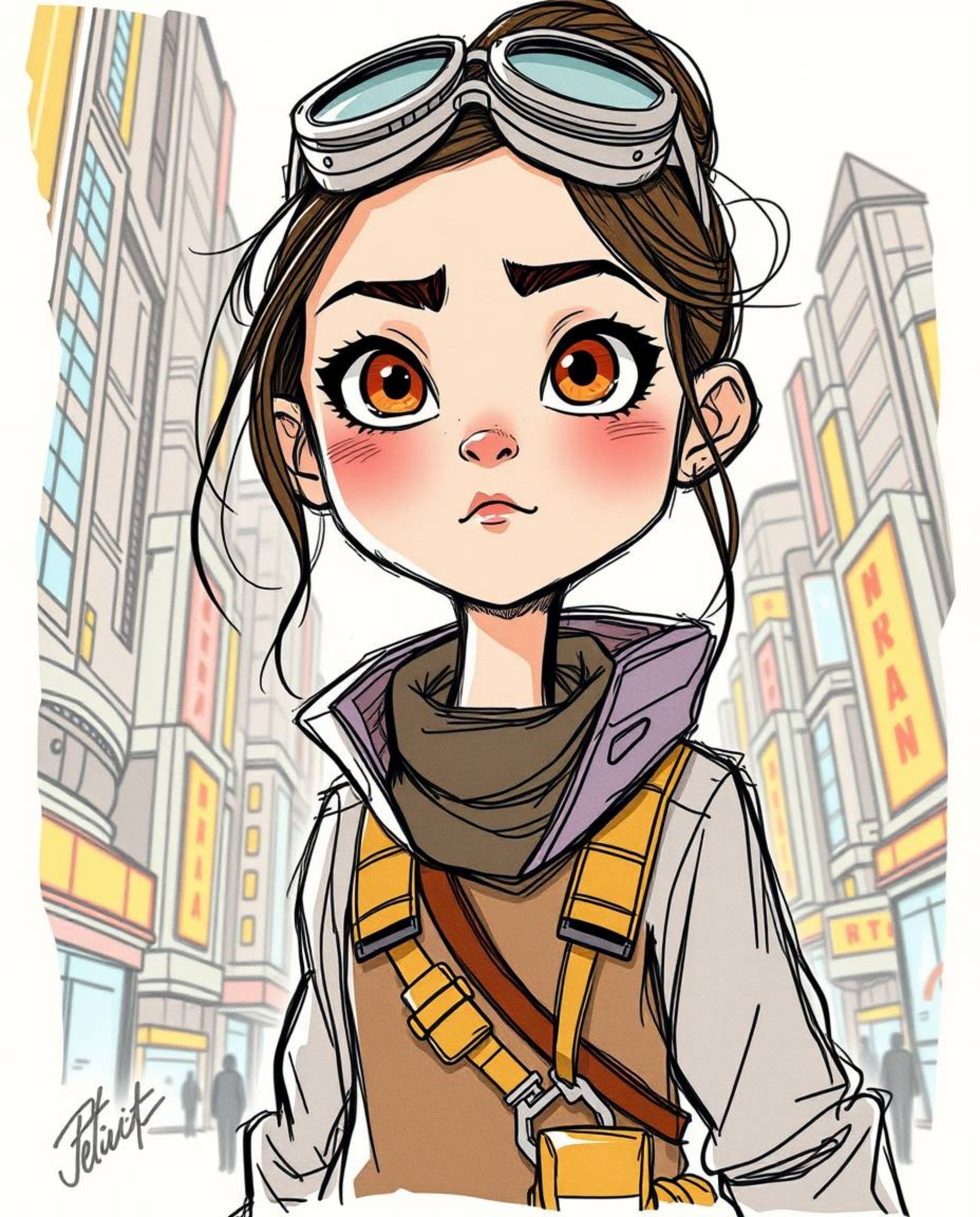 A captivating hand-drawn sketch in a dramatic, cinematic style portrays a young inventor girl with expressive features, immer