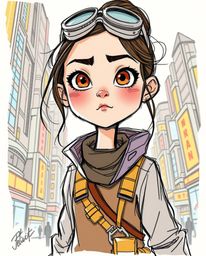A captivating hand-drawn sketch in a dramatic, cinematic style portrays a young inventor girl with expressive features, immer