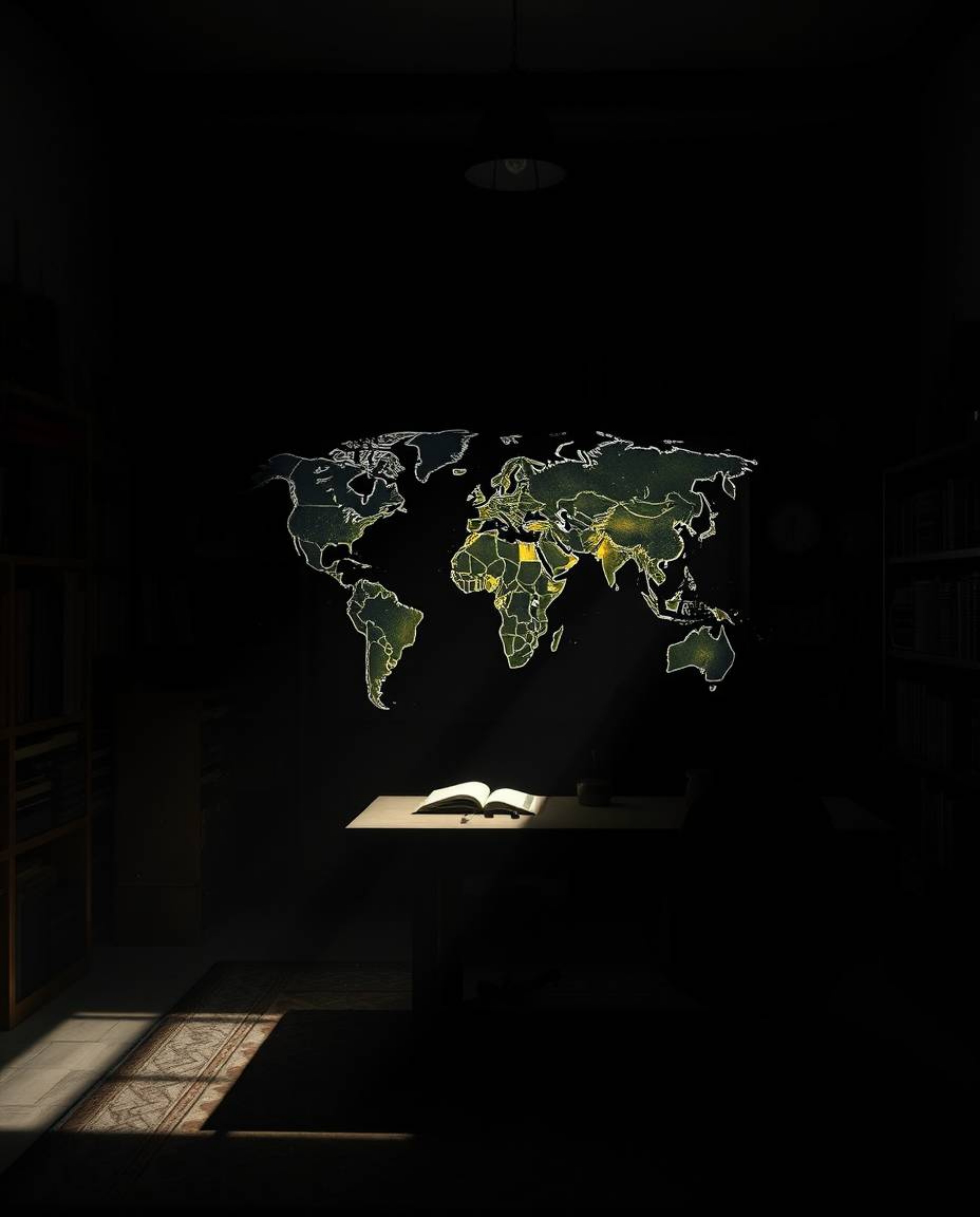 This image features a volumetric lighting effect with an intense jet black aesthetic, showcasing a glowing map projected in t