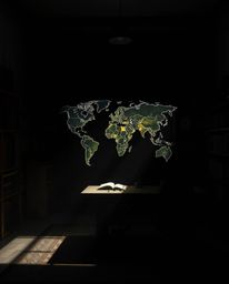 This image features a volumetric lighting effect with an intense jet black aesthetic, showcasing a glowing map projected in t