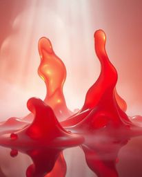 Explore mesmerizing 3D fluid shapes reminiscent of melted glass within a hyperrealistic sci-fi world.  Bathed in warm reds, o