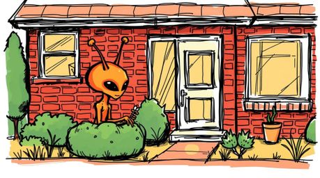 A hand-drawn sketch in a vibrant, warm-toned sketchnote style depicts an orange-skinned alien with antennae residing in a cha