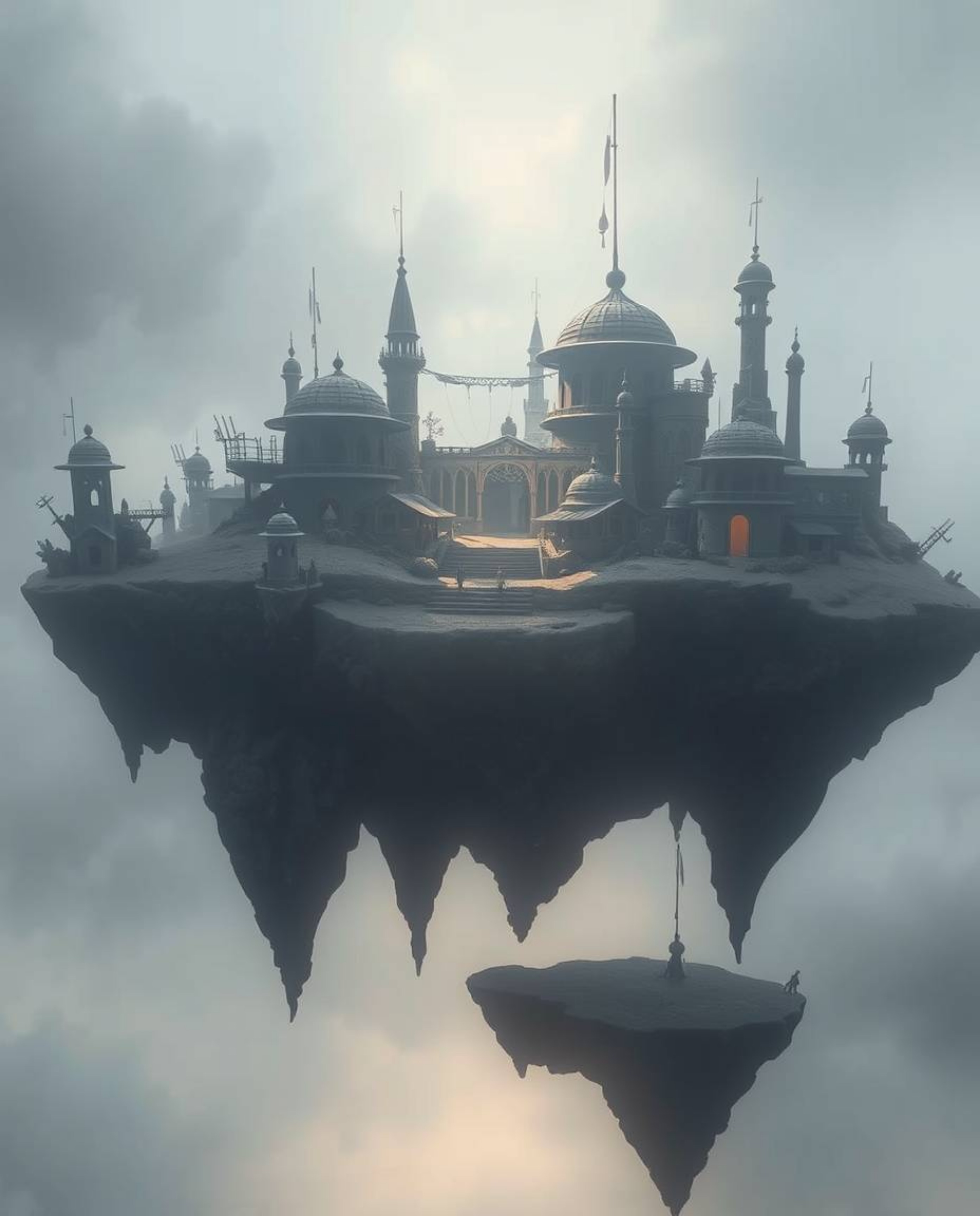 Explore a captivating surreal floating island boasting bizarre and intricate architecture. Diffused shadows and soft, gentle 