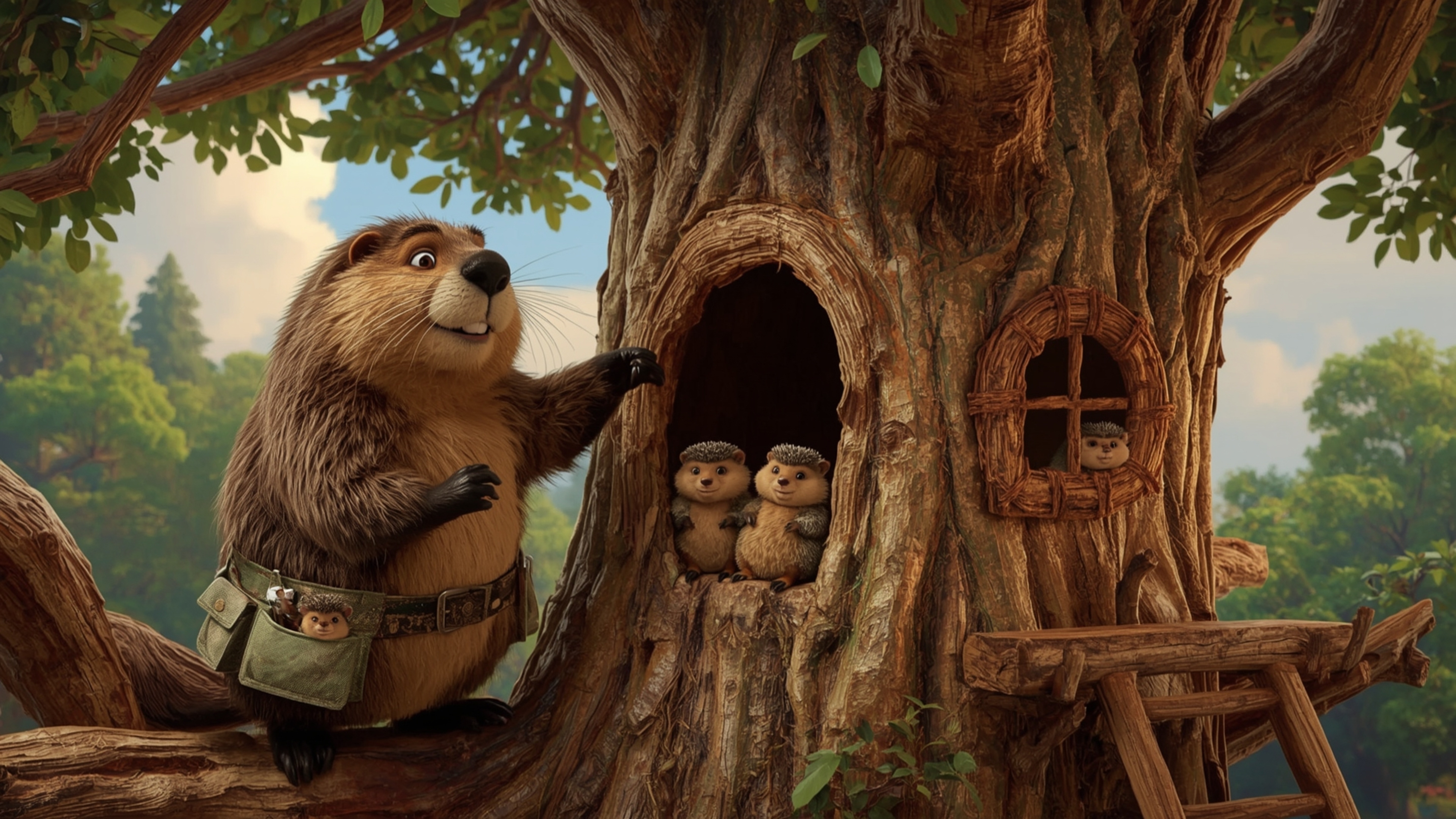 A highly detailed, high-resolution stock photo captures a busy beaver, inspired by Pixar's whimsical style, as it constructs 