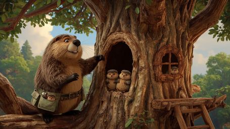 A highly detailed, high-resolution stock photo captures a busy beaver, inspired by Pixar's whimsical style, as it constructs 