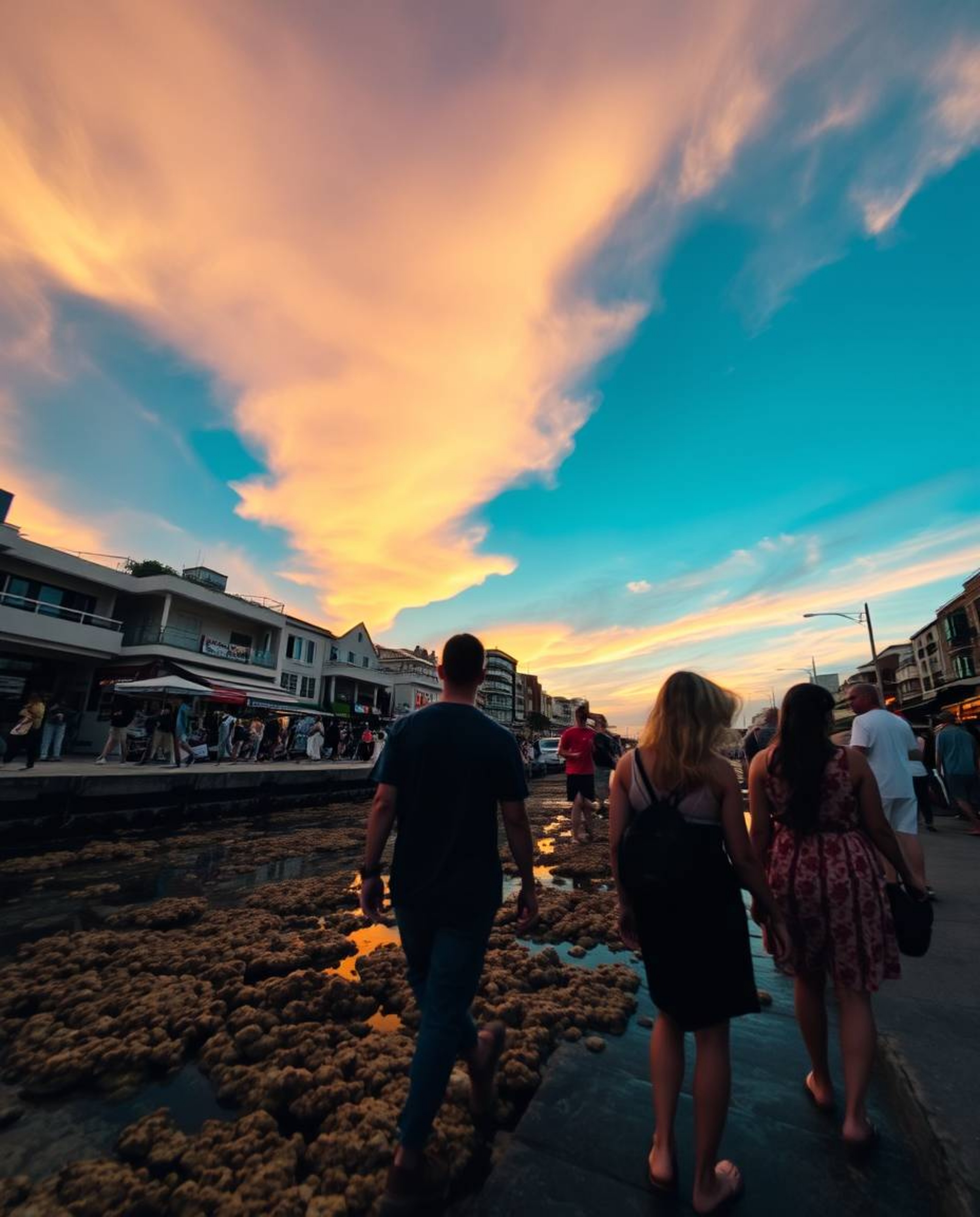 A candid street photography style image depicts a colorful sky over a coral reef at low tide. This unique composition capture