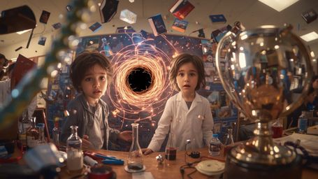 A highly detailed, cinematic photograph, in a vibrant, Pixar-inspired style, captures a dynamic duo of 12-year-old scientists