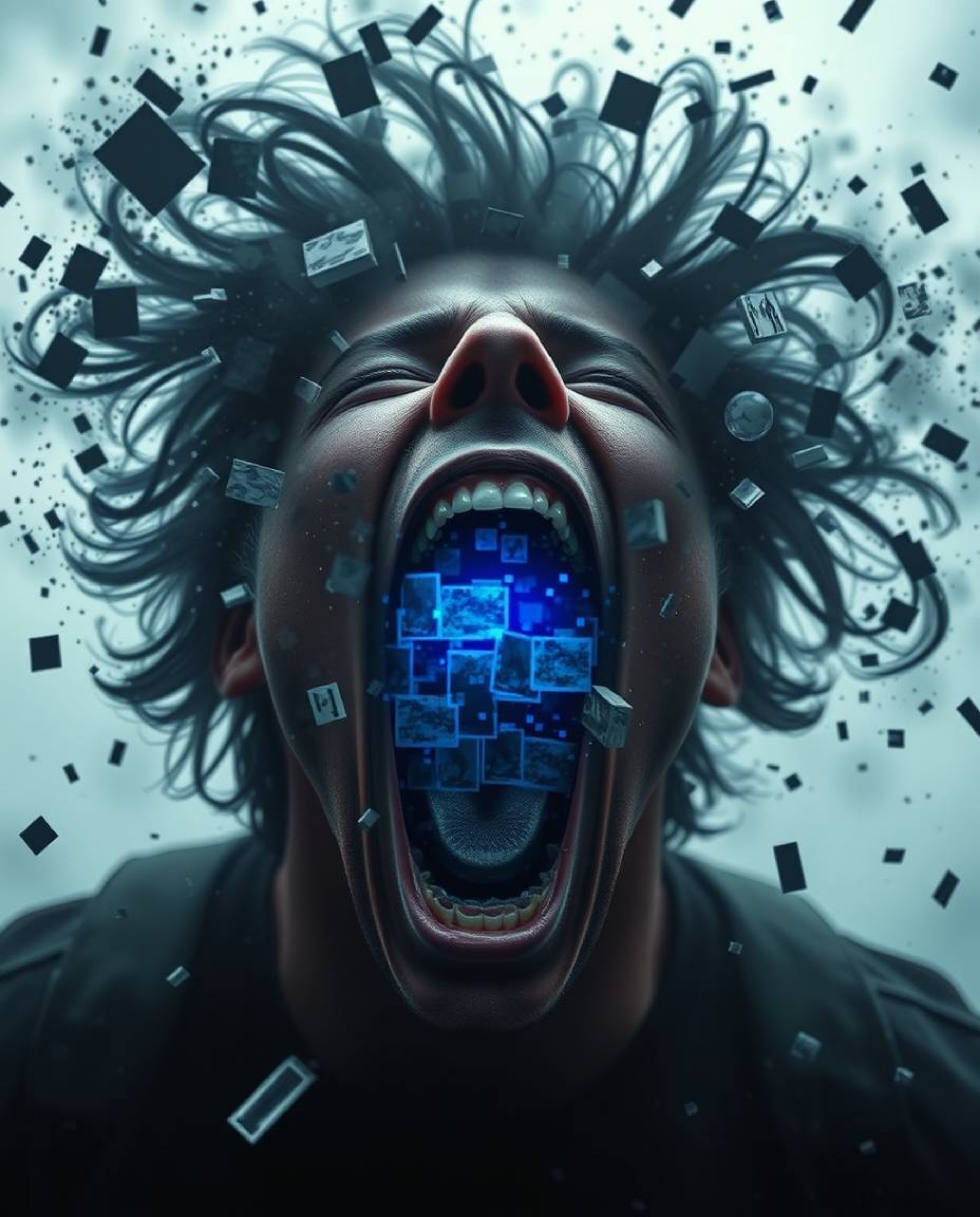 A high-resolution stock photo depicts a person screaming in anguish as their world disintegrates into a pixelated mess within