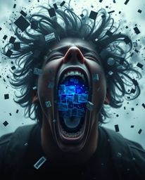 A high-resolution stock photo depicts a person screaming in anguish as their world disintegrates into a pixelated mess within