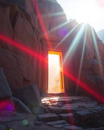 This image features an ancient doorway etched with glowing runes, nestled within a mountainside.  Bathed in bright lens flare