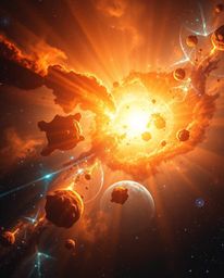 Witness the breathtaking spectacle of colliding galaxies bathed in the warm glow of golden hour. This stunning cosmic explosi