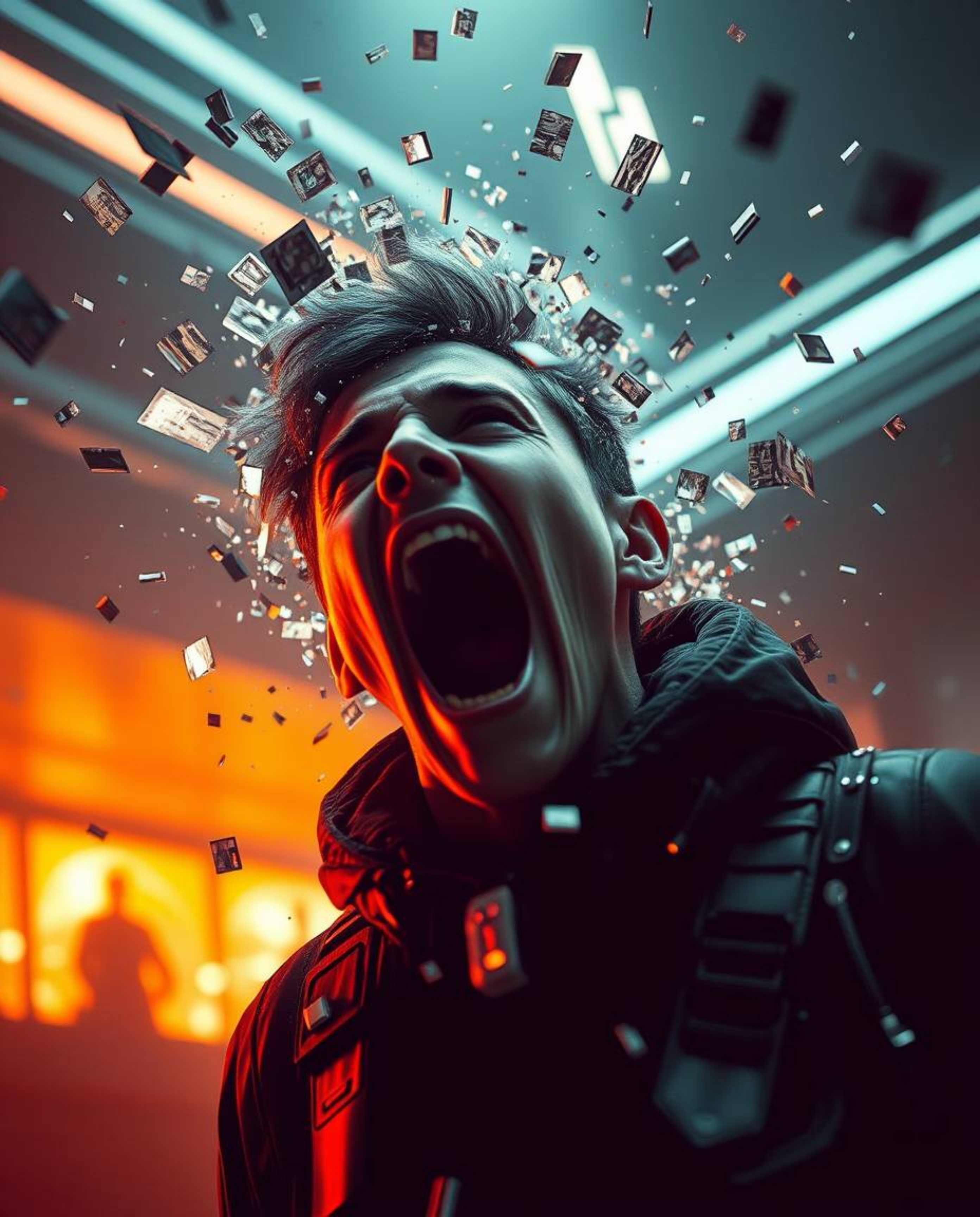 A captivating sci-fi scene depicts a person screaming amidst a futuristic world shattering into pixels.  Cinematic lighting e