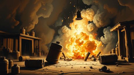 Experience a classic exploding TNT gag set in the wild west, rendered in a traditional oil painting style. This artwork utili