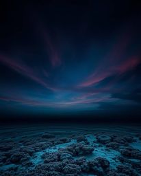 A smooth gradient transition creates an eerie and creepy atmosphere in this depiction of a colorful sky over a coral reef at 