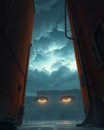 A digital painting depicting eyes watching from the shadows of an alley at night, this artwork conveys an ethereal and spirit