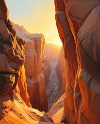 A classic oil painting captures the warm golden hour light illuminating sandstone cliffs in a canyon at sunset. The artwork i